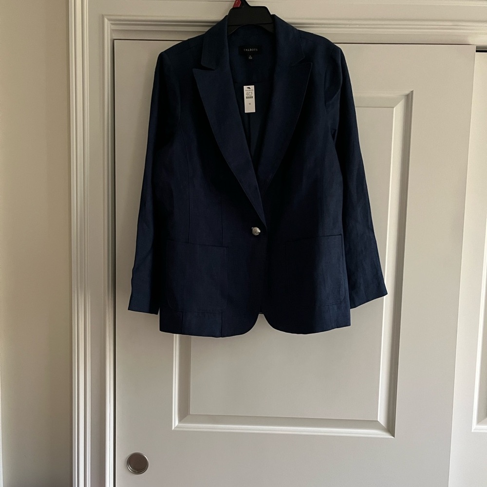 Talbots Classic Navy linen Blazer with Silver-Tone Buttons